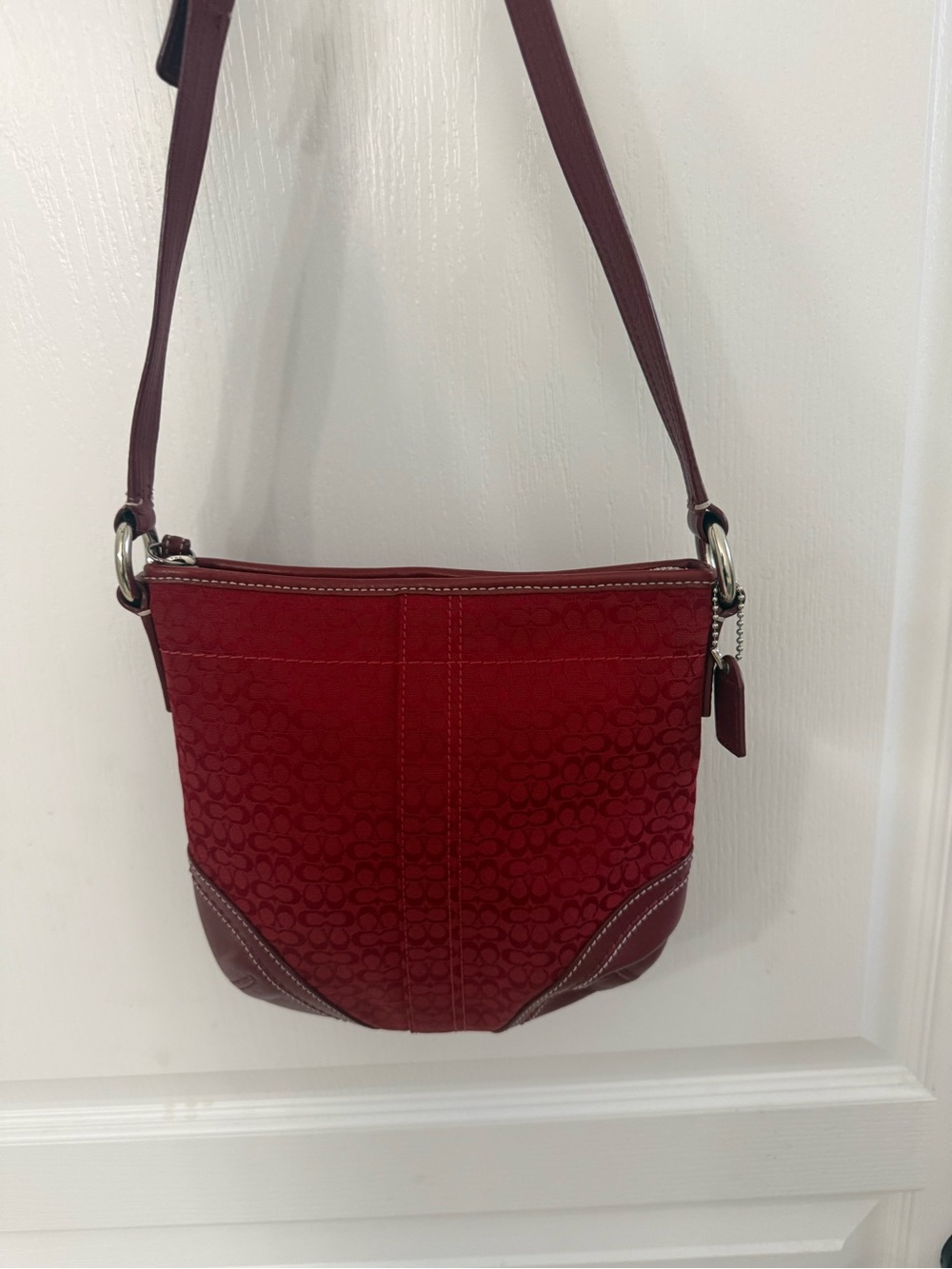 Coach Red Signature Crossbody Bag with Leather Trim